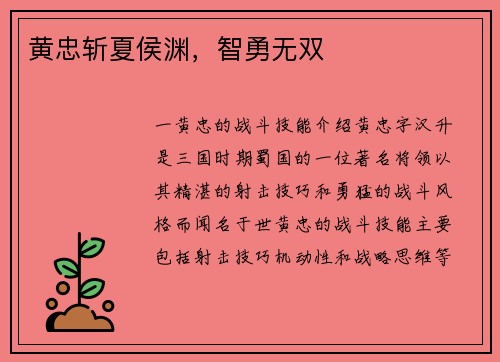 黄忠斩夏侯渊，智勇无双